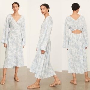 Vince NWT Dahlia Long Sleeve Double V-Neck Midi Dress Size S Cinched Waist Blue